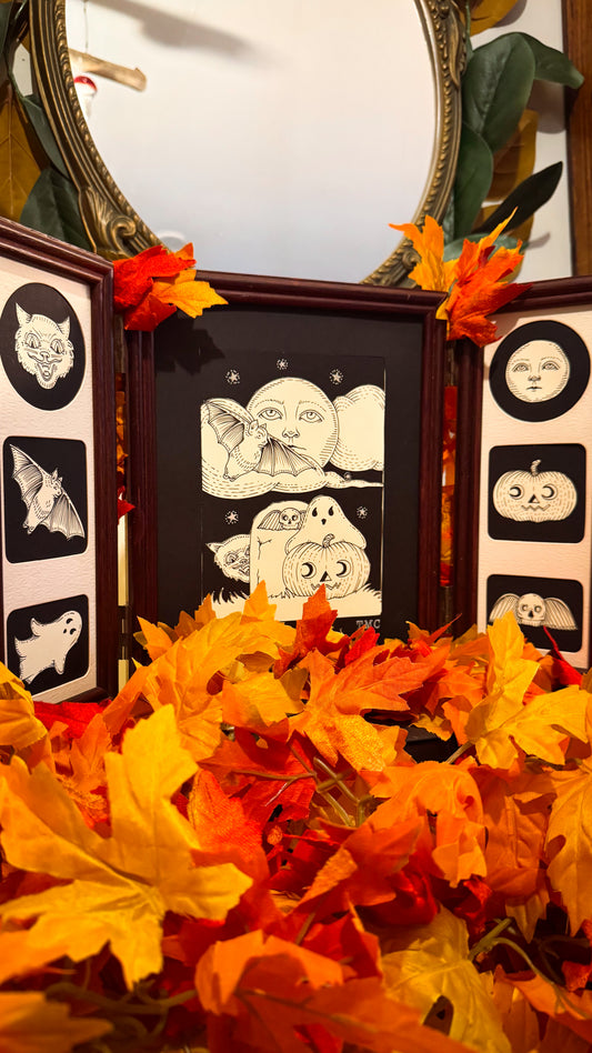 ‘Sequence of Events’ Original Halloween Themed Ink Drawing in a Vintage Trifold Frame
